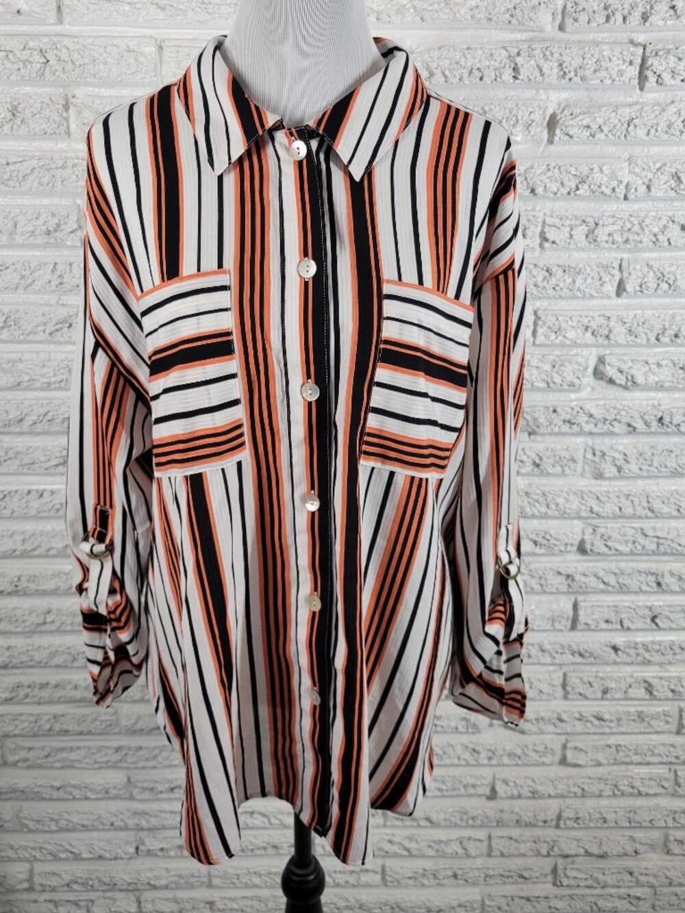 Ruby Rd 1X Orange Black Stripe Button Up Shirt Roll Tab Sleeve Pocket Top STR80E